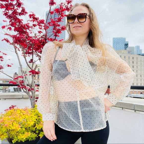 COPY - Transparent Polka Dot Puff Sleeve Shirt Bishop Statement Sleeves Neck Bow - Picture 14 of 16